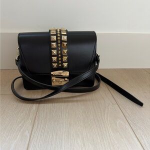 Mario Valentino Black Leather Crossbody with Gold Studs